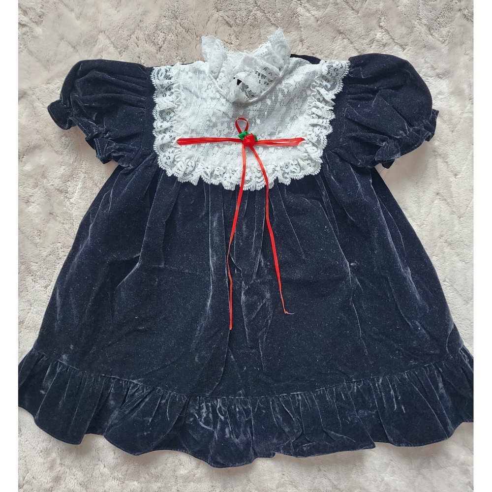 Cutest One Vintage 80s Black Velvet Baby Dress White Lace 4T KVJ-761 USA